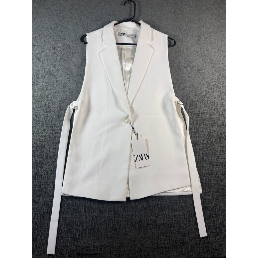 ZARA Women White Sleeveless Open Side D-Ring Belted Blazer Vest XS NWT